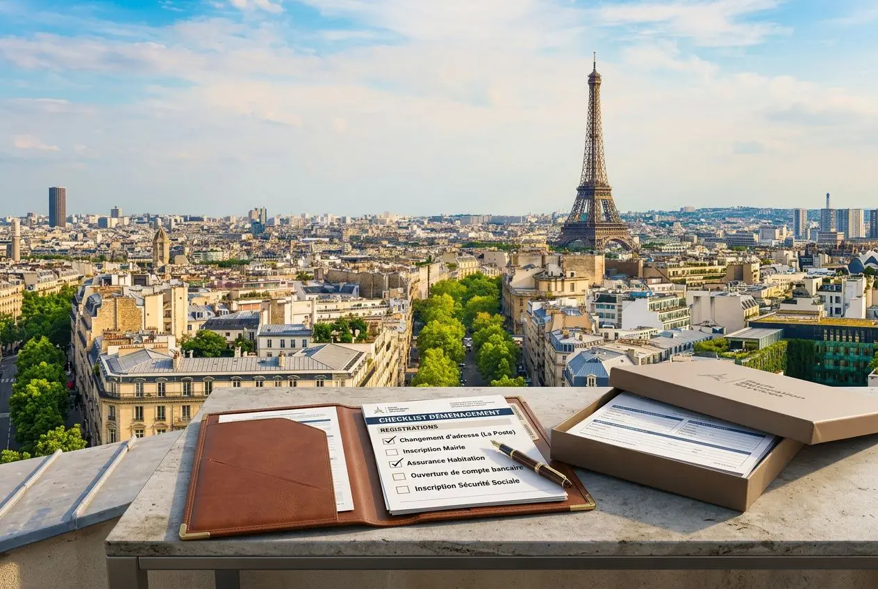 Checklist de déménagement sur un toit avec vue sur Paris et la Tour Eiffel, prêt à organiser son déménagement et à planifier les étapes. comment bien préparer son déménagement.
