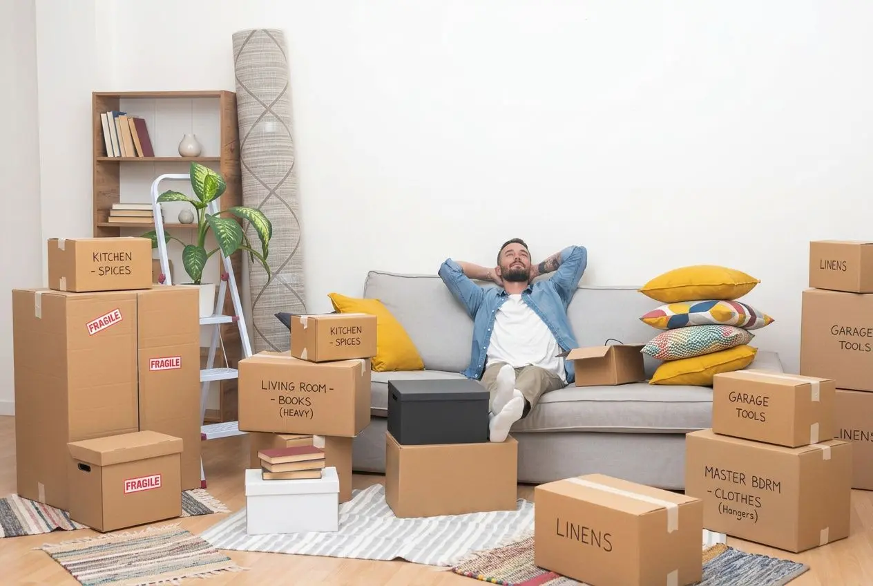 Homme détendu sur un canapé entouré de cartons étiquetés fragiles et vêtements, prêt pour déménagement avec meubles et objets emballés dans un salon. intégration: "comment bien préparer son déménagement" dans le texte? ALT: should include keyword naturally. We'll craft: "Homme détendu sur canapé entouré de cartons étiquetés, illustrant comment bien préparer son déménagement". Ensure length 100ish. Let's produce: "Homme détendu sur un canapé entouré de cartons étiquetés, illustrant comment bien préparer son déménagement." But must include keyword exactly? The instruction says integrate main keyword; include naturally. We'll include phrase: "comment bien préparer son déménagement" within alt. So final: "Homme détendu sur un canapé entouré de cartons étiquetés, illustrant comment bien préparer son déménagement." length ~110. Good. Let's output.