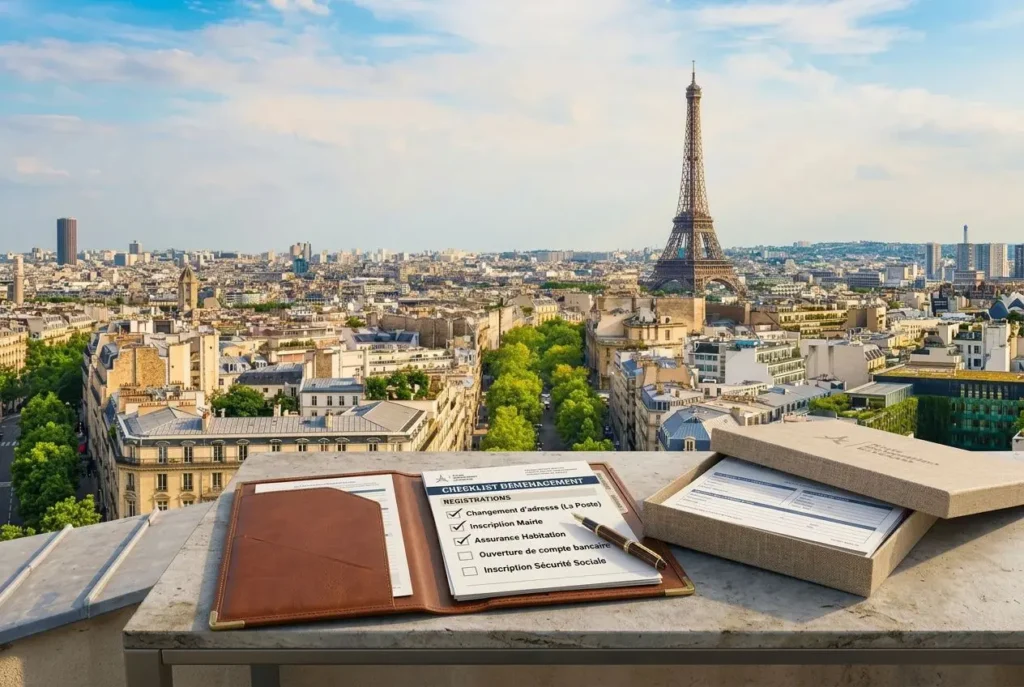 Check liste déménagement sur un toit avec vue sur Paris: carnet et liste de contrôle à cocher, proximité de l’Eiffel.