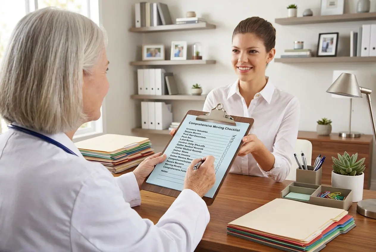 Clinicienne montre une check liste déménagement sur un clipboard à une cliente souriante dans un bureau chaleureux.