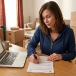 Femme remplissant un formulaire d’assurance déménagement sur une table, ordinateur portable à côté, entourée de cartons. assurance déménagement couvre quoi.