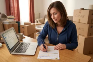 Femme remplissant un formulaire d’assurance déménagement sur une table, ordinateur portable à côté, entourée de cartons. assurance déménagement couvre quoi.