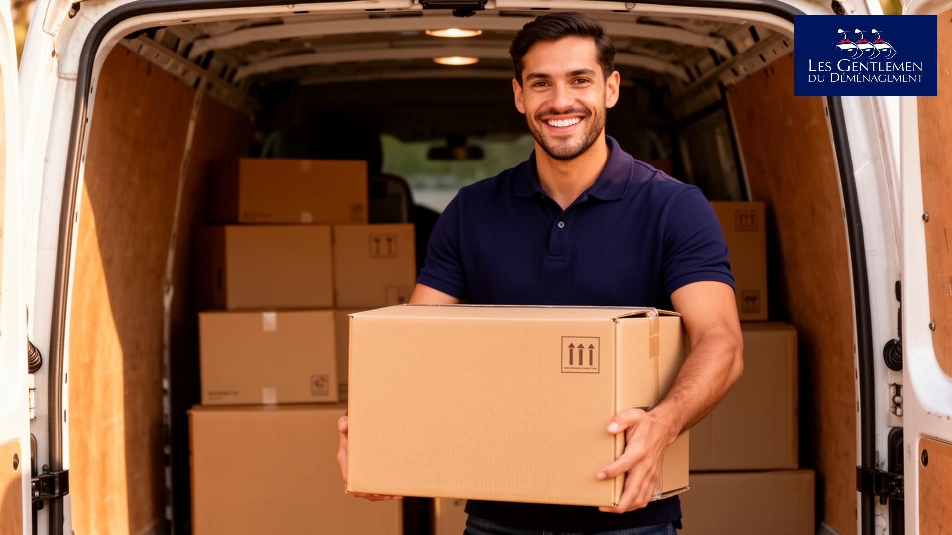 Homme souriant dans une camionnette, tenant une boîte en carton, déménagement en cours avec d’autres colis à l’arrière. assurrance déménagement couvre quoi mentionné.